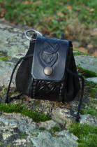 Escarcelle en cuir noir, motif tresse celtique, avec anneau porte-clés